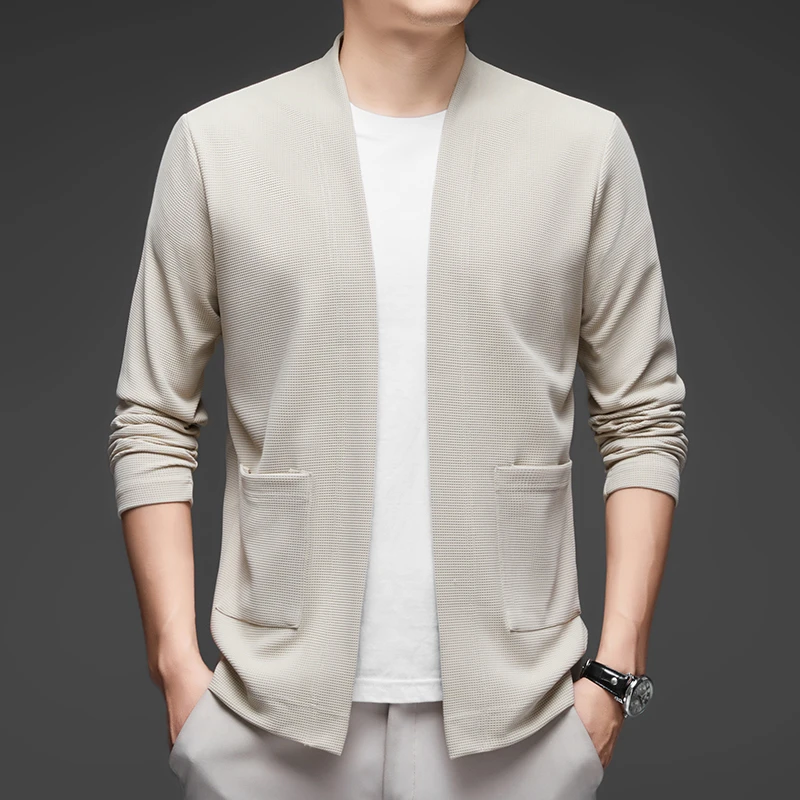 New Men's Business Casual Long Sleeved Solid Color Cloak Jacket Knitted Comfortable and Fashionable All Season Versatile Top