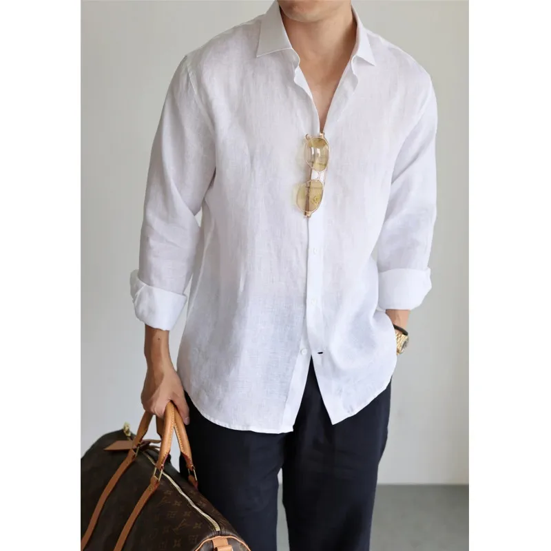 Men's Linen Shirt Cotton Blend Long Sleeve Button Down Casual Loose Fit Summer Breathable Tops Old Money Aesthetic Solid Color