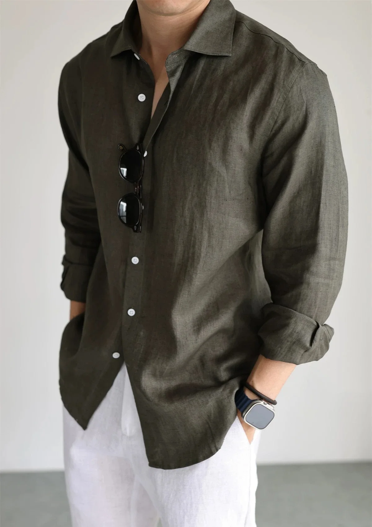 Men's Linen Shirt Cotton Blend Long Sleeve Button Down Casual Loose Fit Summer Breathable Tops Old Money Aesthetic Solid Color