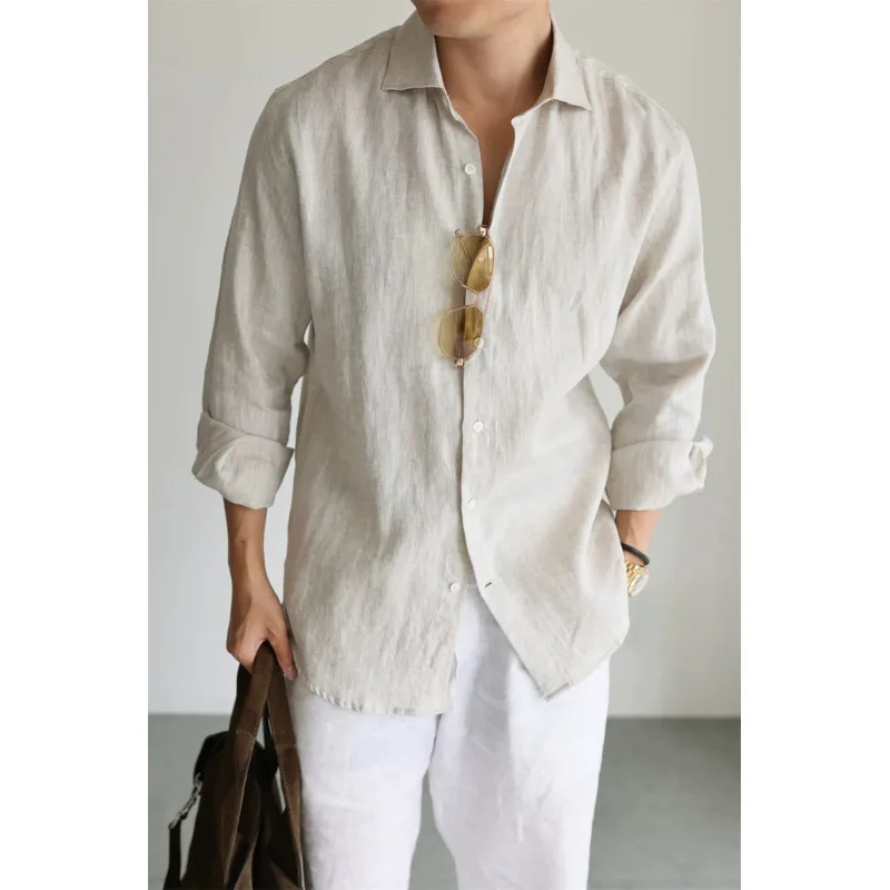 Men's Linen Shirt Cotton Blend Long Sleeve Button Down Casual Loose Fit Summer Breathable Tops Old Money Aesthetic Solid Color