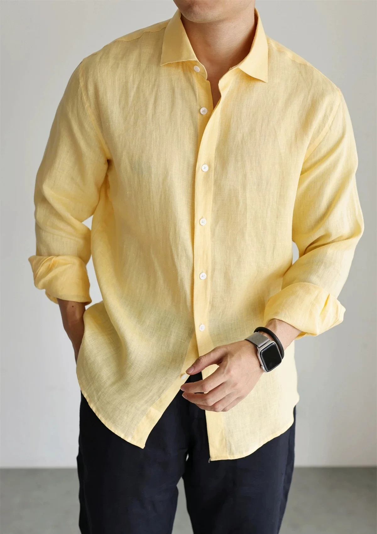 Men's Linen Shirt Cotton Blend Long Sleeve Button Down Casual Loose Fit Summer Breathable Tops Old Money Aesthetic Solid Color