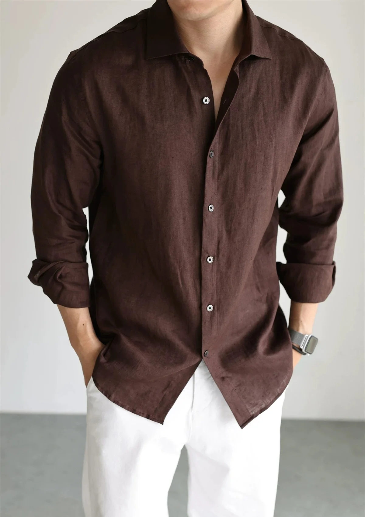 Men's Linen Shirt Cotton Blend Long Sleeve Button Down Casual Loose Fit Summer Breathable Tops Old Money Aesthetic Solid Color
