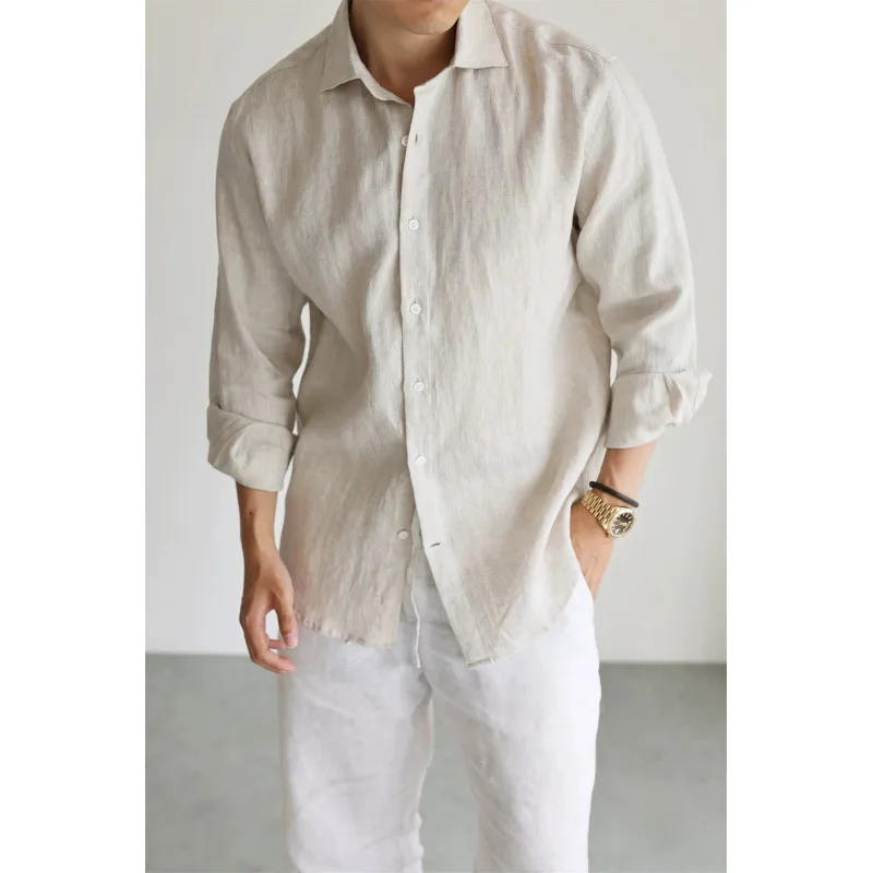 Men's Linen Shirt Cotton Blend Long Sleeve Button Down Casual Loose Fit Summer Breathable Tops Old Money Aesthetic Solid Color