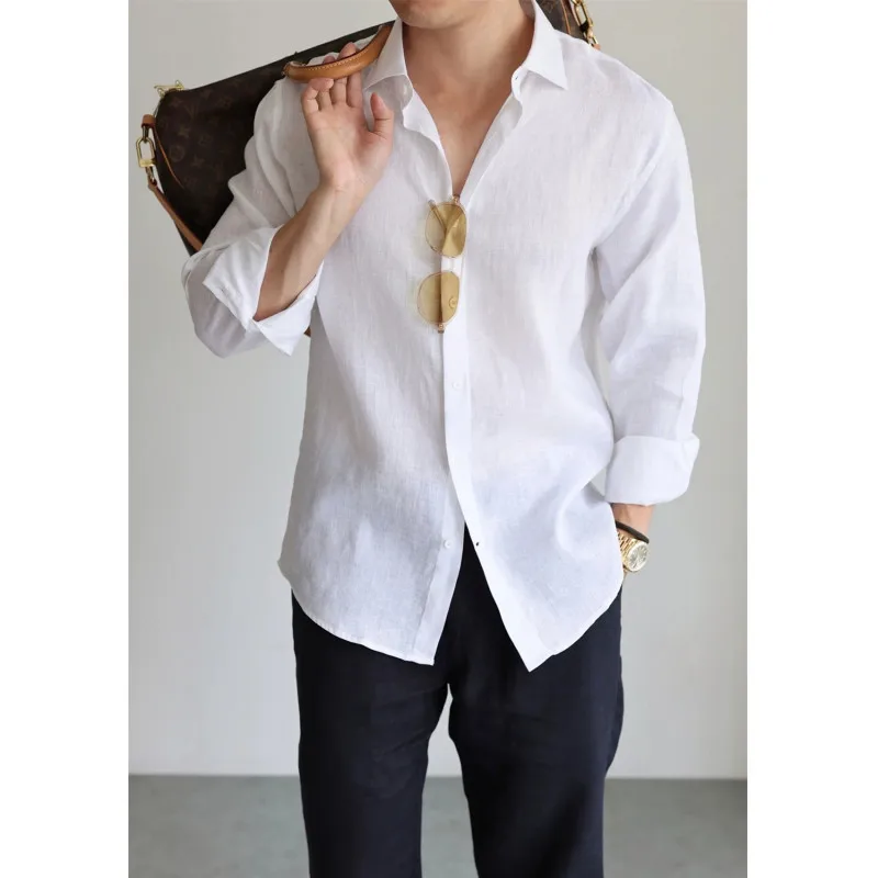 Men's Linen Shirt Cotton Blend Long Sleeve Button Down Casual Loose Fit Summer Breathable Tops Old Money Aesthetic Solid Color