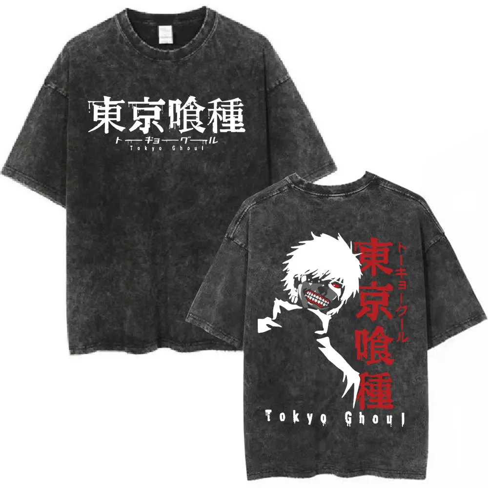 Vintage Washed Anime Tokyo Ghoul Spider Lily T Shirt Manga Cool Ken Kaneki Eyes T-shirts Oversized Gothic Short Sleeve T Shirts