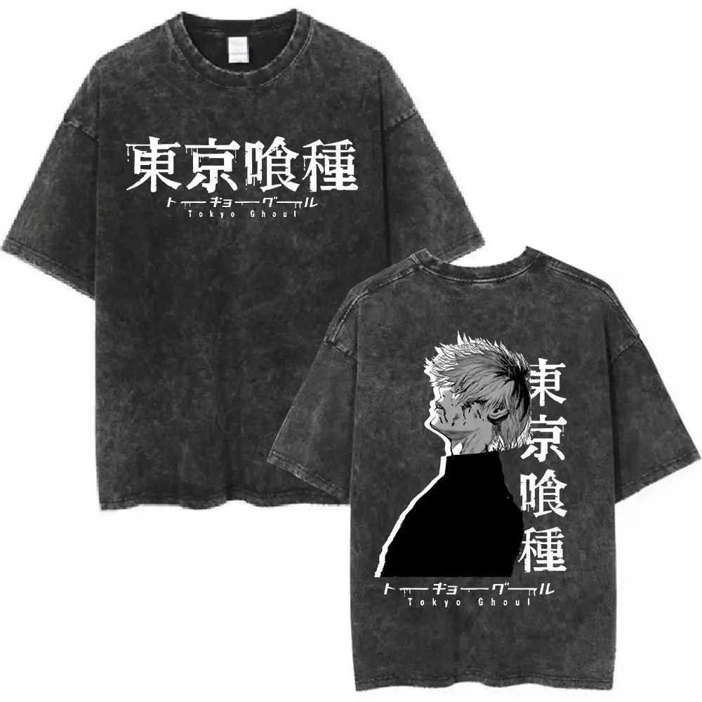 Vintage Washed Anime Tokyo Ghoul Spider Lily T Shirt Manga Cool Ken Kaneki Eyes T-shirts Oversized Gothic Short Sleeve T Shirts