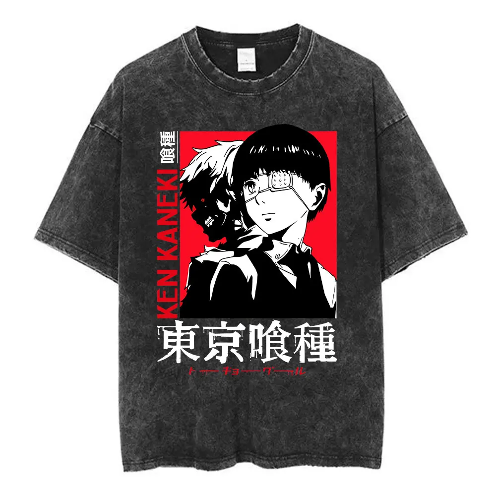 Vintage Washed Anime Tokyo Ghoul Spider Lily T Shirt Manga Cool Ken Kaneki Eyes T-shirts Oversized Gothic Short Sleeve T Shirts