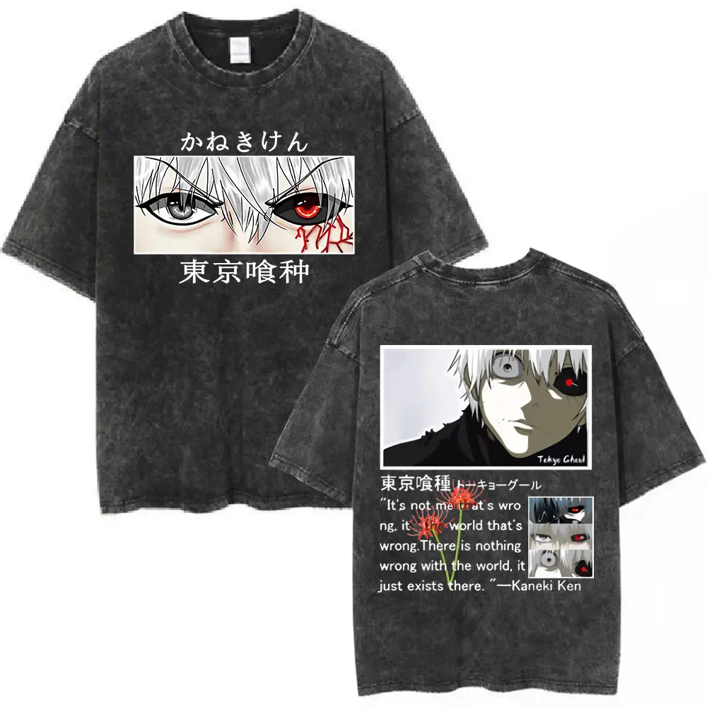 Vintage Washed Anime Tokyo Ghoul Spider Lily T Shirt Manga Cool Ken Kaneki Eyes T-shirts Oversized Gothic Short Sleeve T Shirts