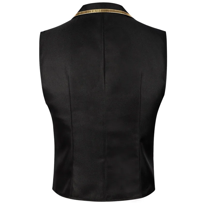 Men's Black Satin Suit Vest with Gold Trim and Chain - Formal Waistcoat for Wedding, Party, Prom - Slim Fit Tuxedo Vest