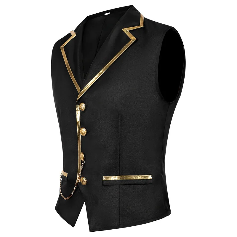 Men's Black Satin Suit Vest with Gold Trim and Chain - Formal Waistcoat for Wedding, Party, Prom - Slim Fit Tuxedo Vest