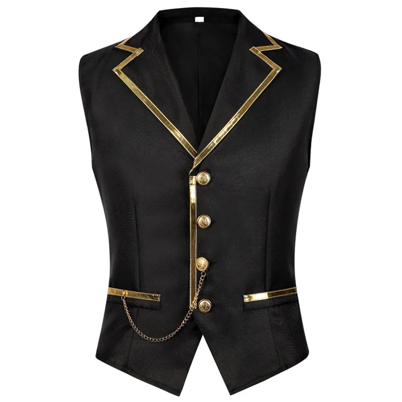 Men's Black Satin Suit Vest with Gold Trim and Chain - Formal Waistcoat for Wedding, Party, Prom - Slim Fit Tuxedo Vest