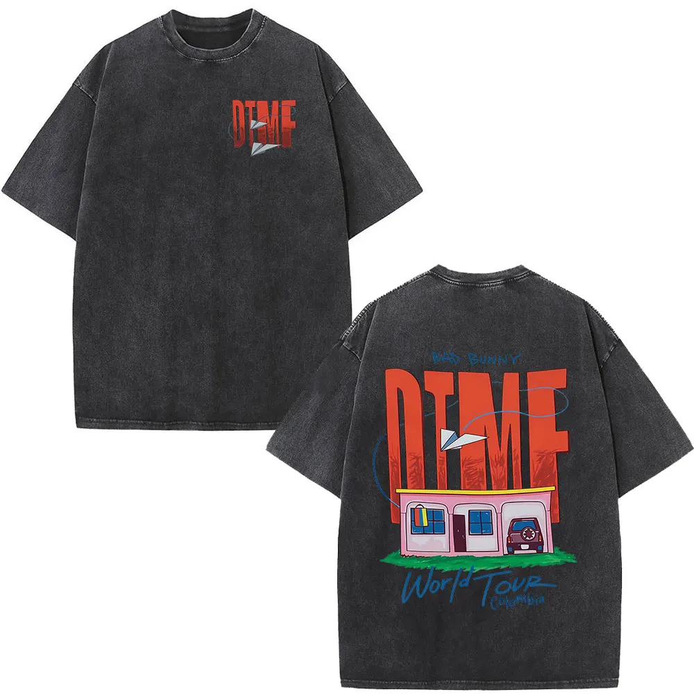 Rapper Bad Bunny Washed Vintage T-shirt Debi Tirar Mas Fotos DTMF World Tour T Shirts Men's Fashion Hip Hop T-shirts Streetwear