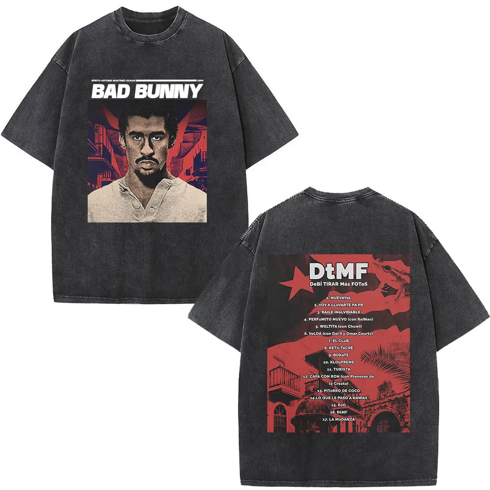 Rapper Bad Bunny Washed Vintage T-shirt Debi Tirar Mas Fotos DTMF World Tour T Shirts Men's Fashion Hip Hop T-shirts Streetwear