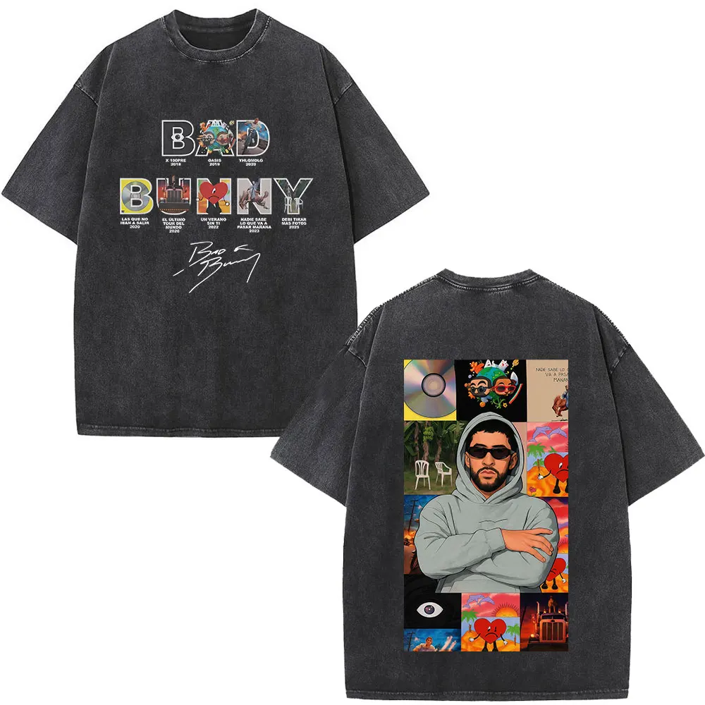 Rapper Bad Bunny Washed Vintage T-shirt Debi Tirar Mas Fotos DTMF World Tour T Shirts Men's Fashion Hip Hop T-shirts Streetwear