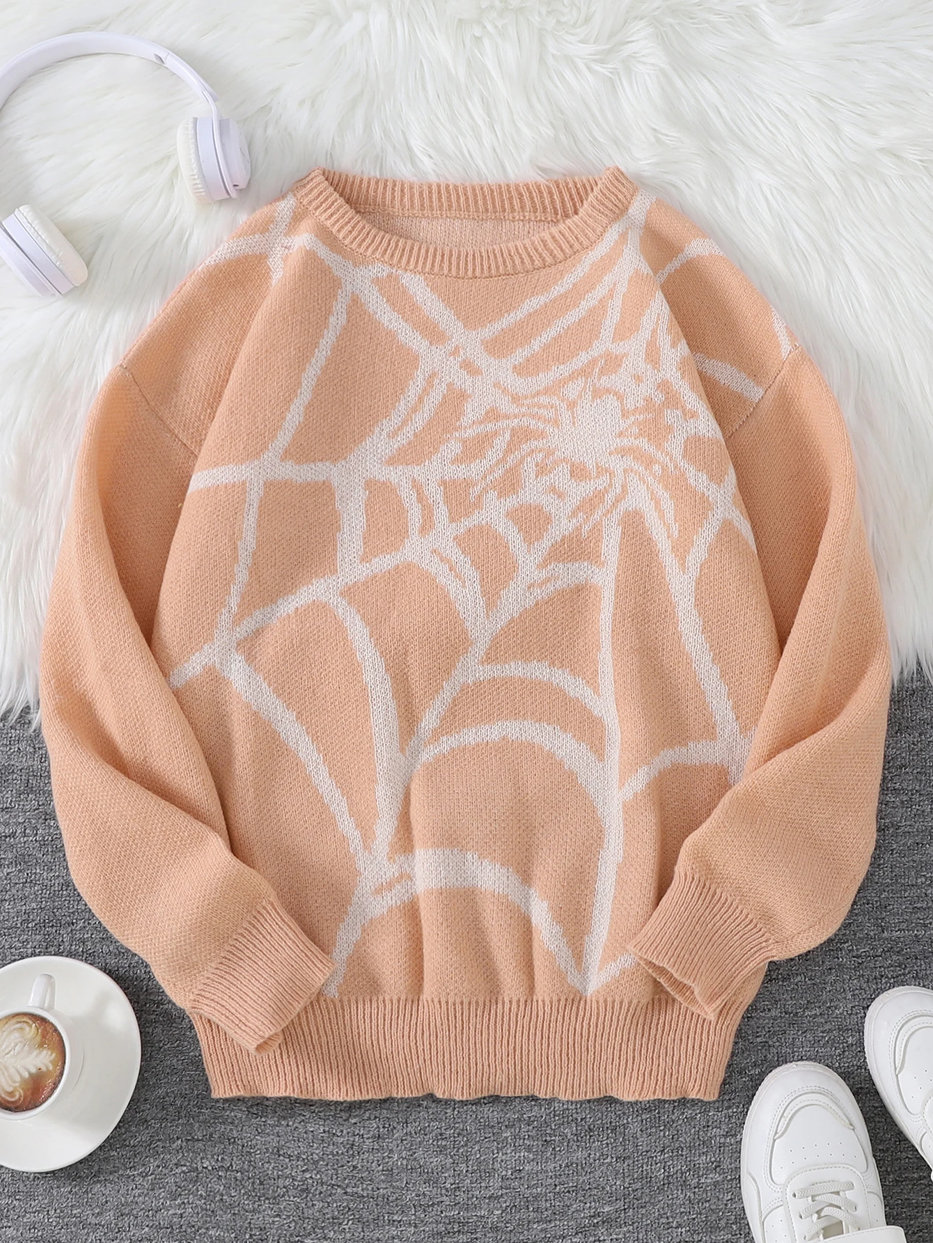 New Popular Autumn and Winter Spider Web Jacquard Pattern Pullover Sweater Casual Round Neck Knitted Men's Pullover