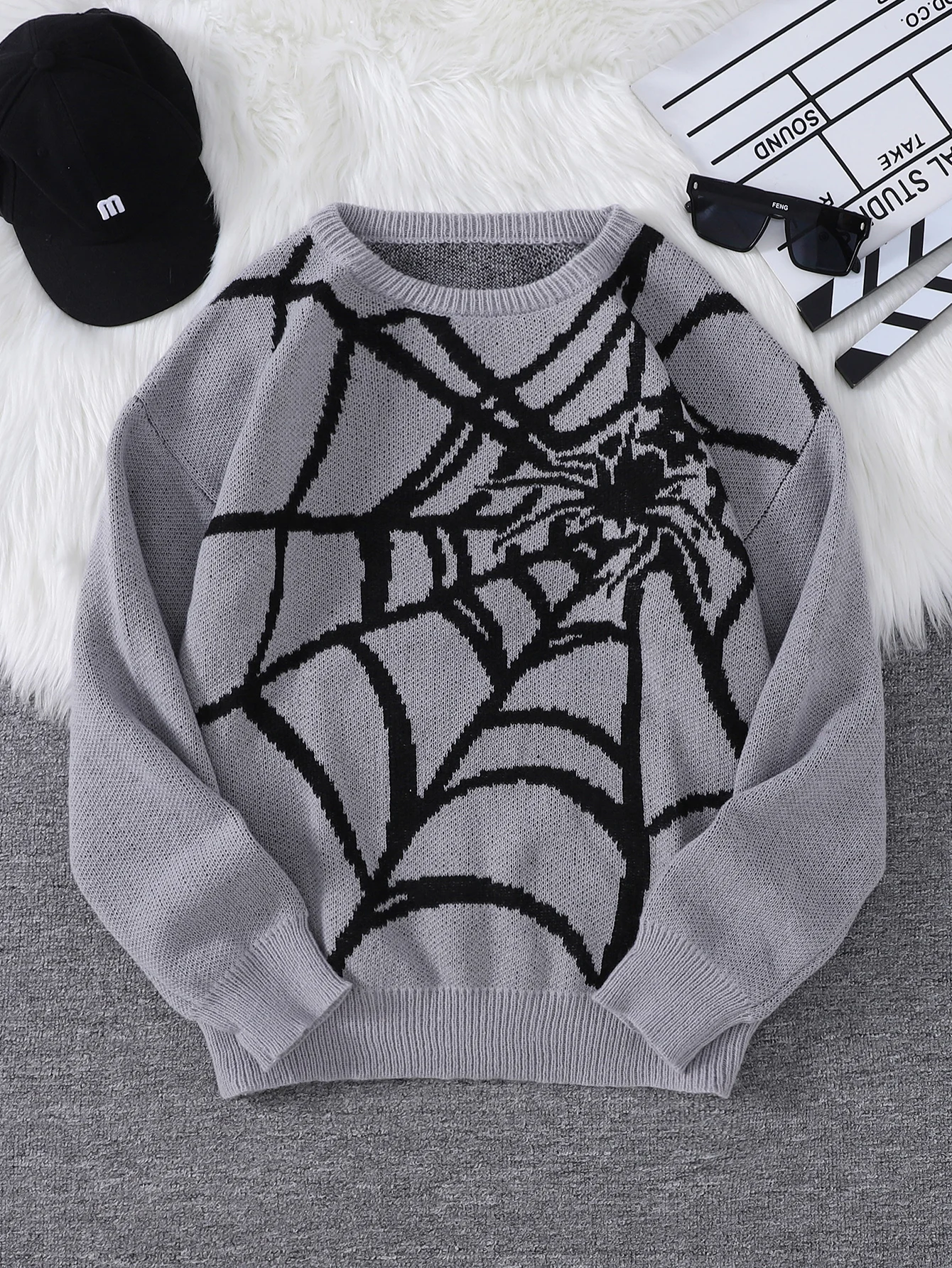New Popular Autumn and Winter Spider Web Jacquard Pattern Pullover Sweater Casual Round Neck Knitted Men's Pullover
