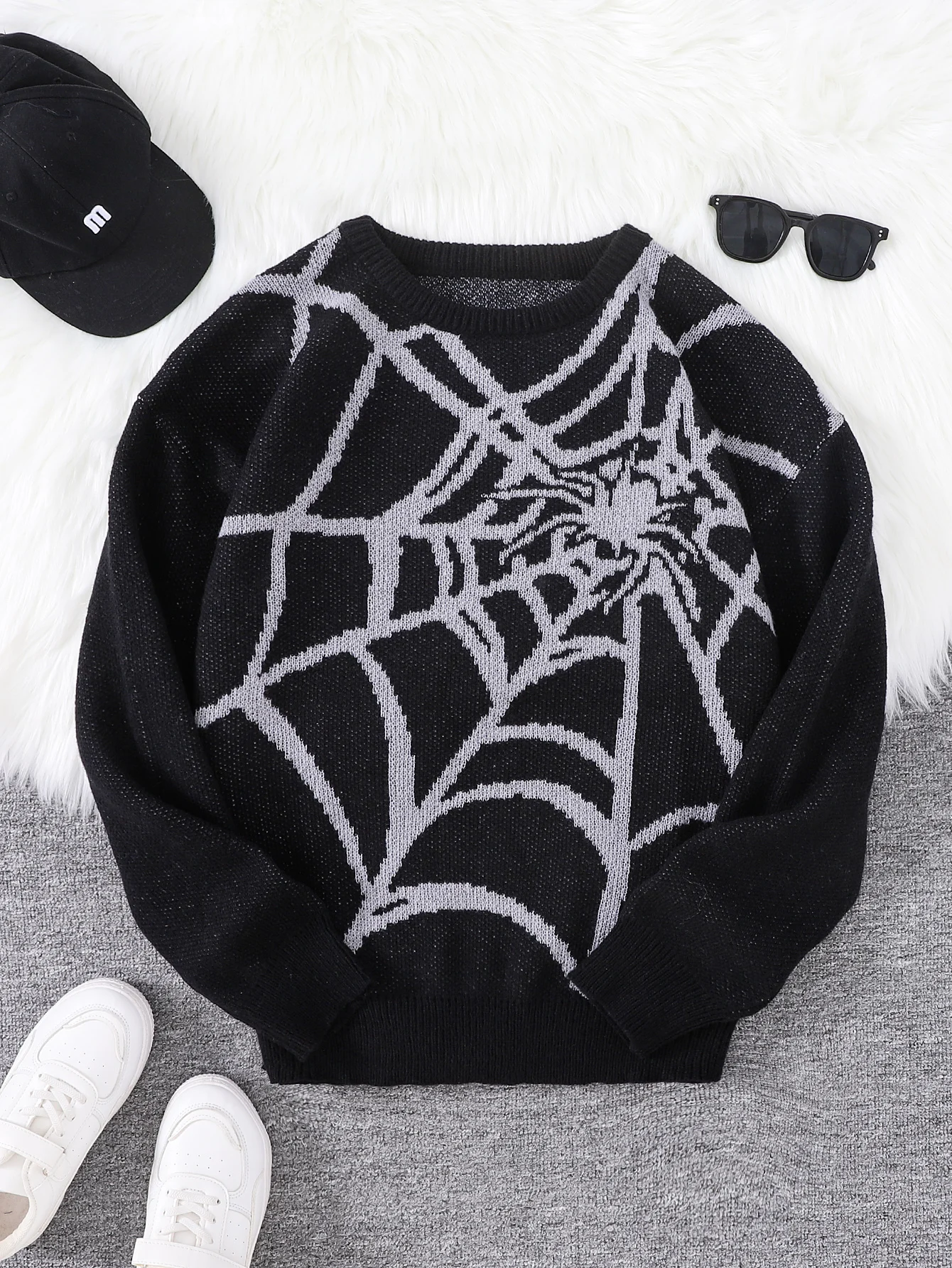 New Popular Autumn and Winter Spider Web Jacquard Pattern Pullover Sweater Casual Round Neck Knitted Men's Pullover