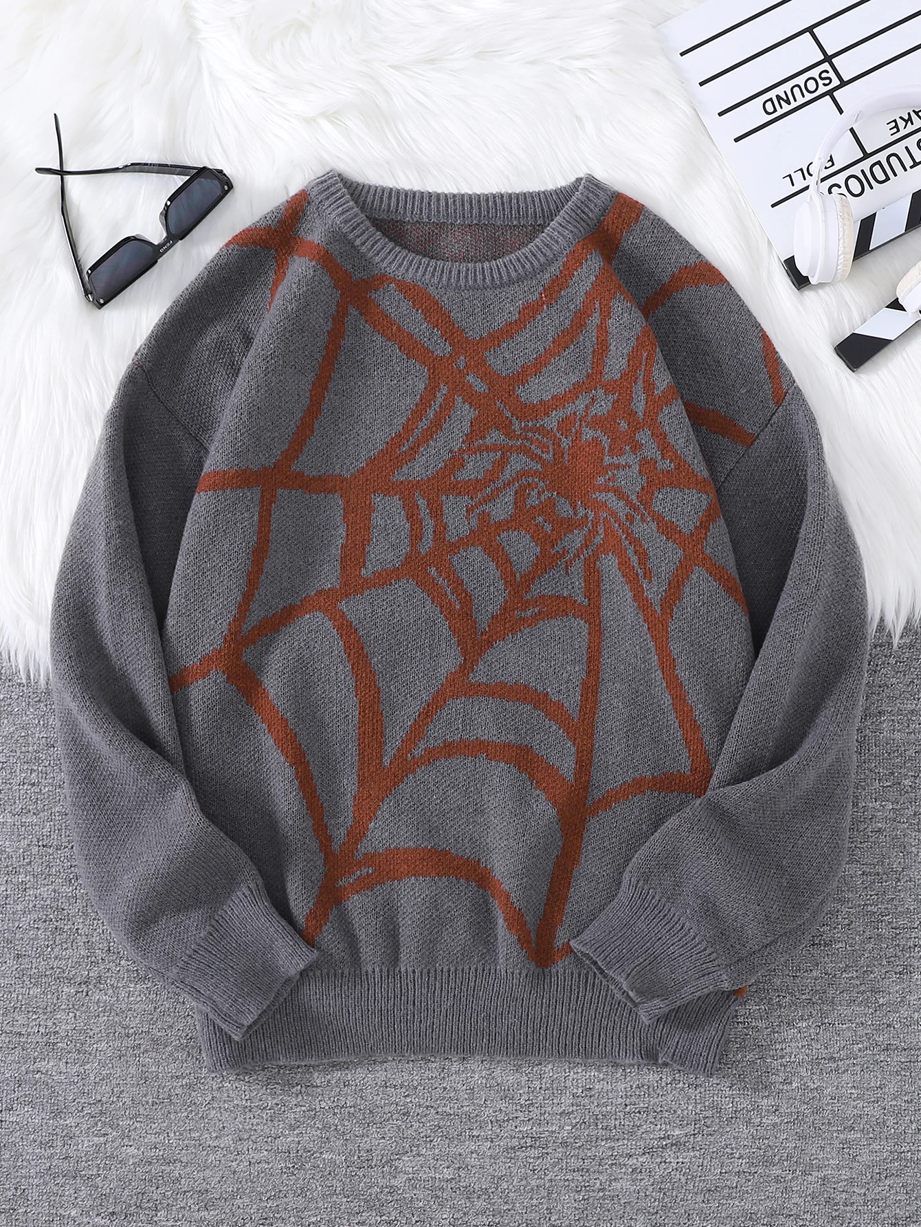 New Popular Autumn and Winter Spider Web Jacquard Pattern Pullover Sweater Casual Round Neck Knitted Men's Pullover