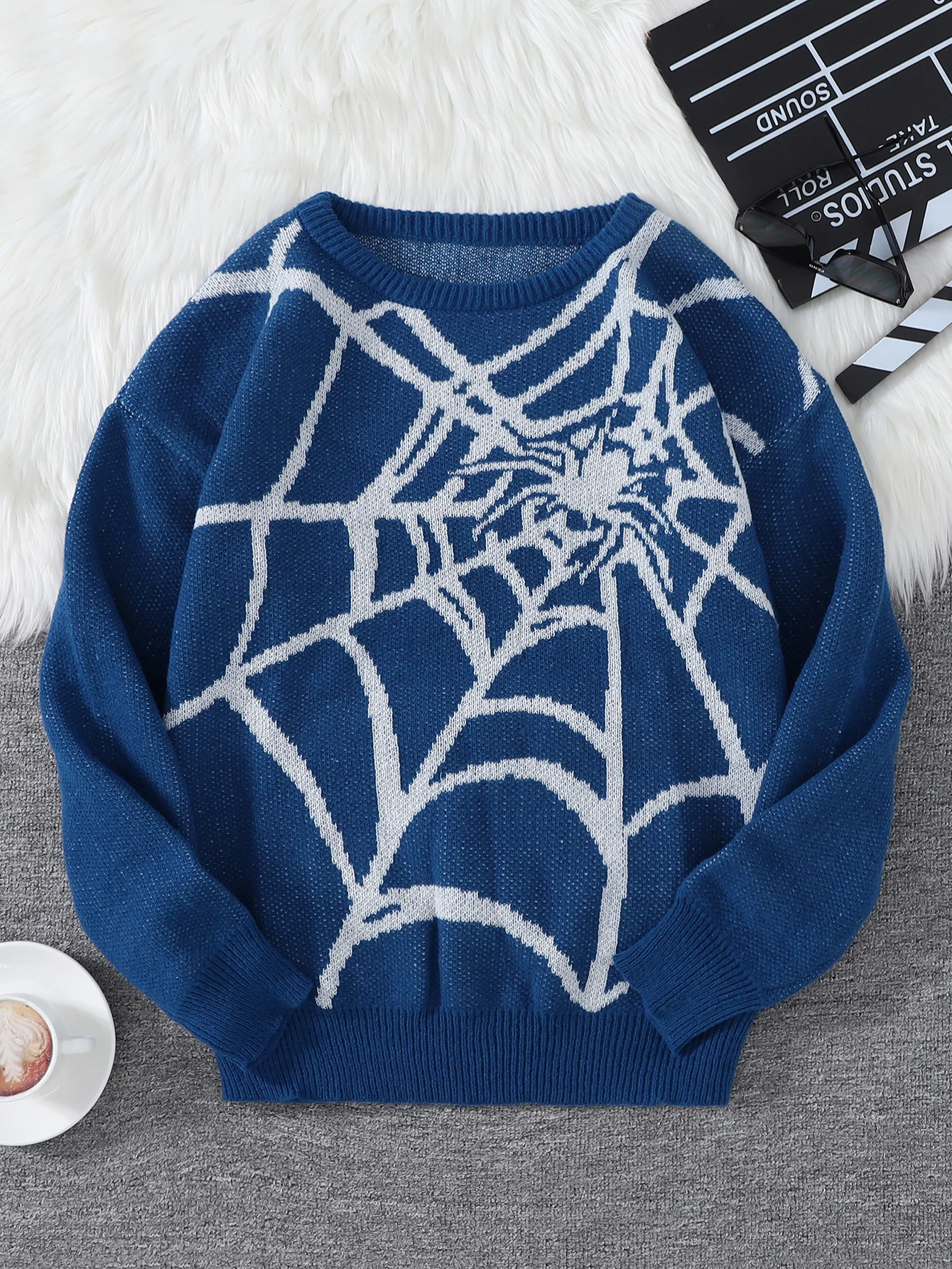 New Popular Autumn and Winter Spider Web Jacquard Pattern Pullover Sweater Casual Round Neck Knitted Men's Pullover