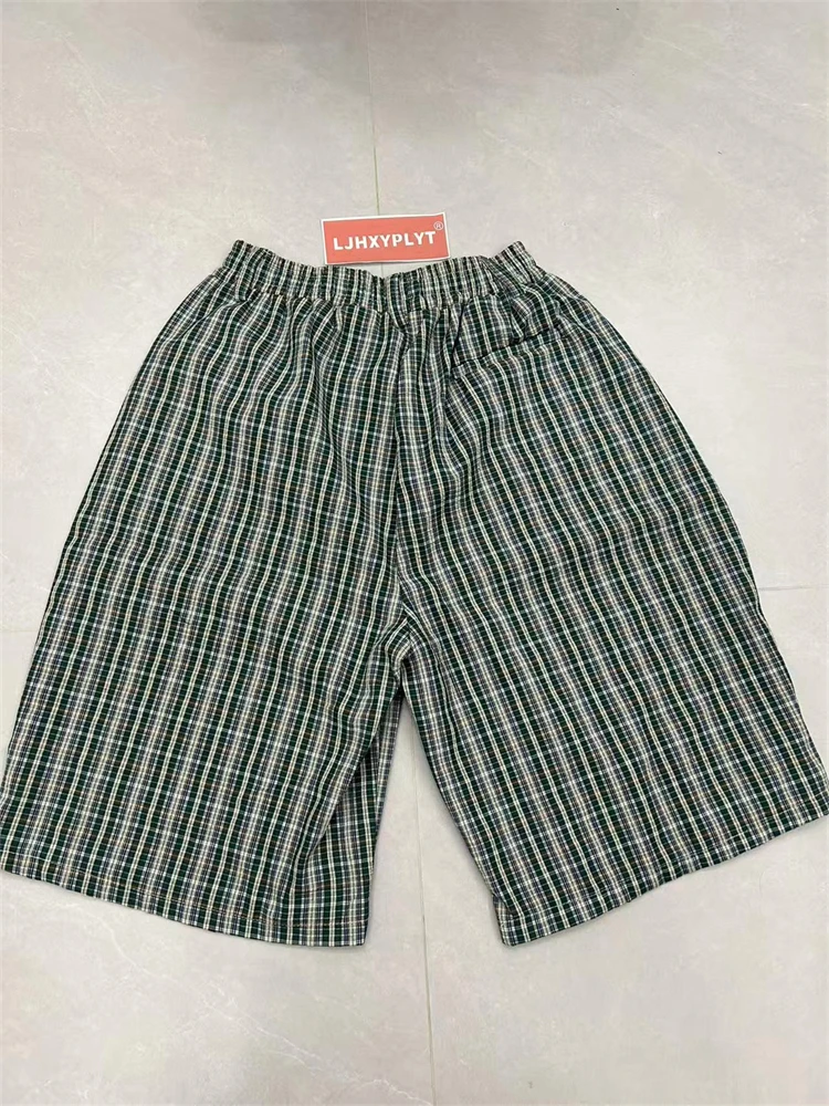 Men's Retro Plaid Thin Cropped Pants Summer Cool Boys Shorts Wide Leg Casual Bottom Male High Waist Half Trousers