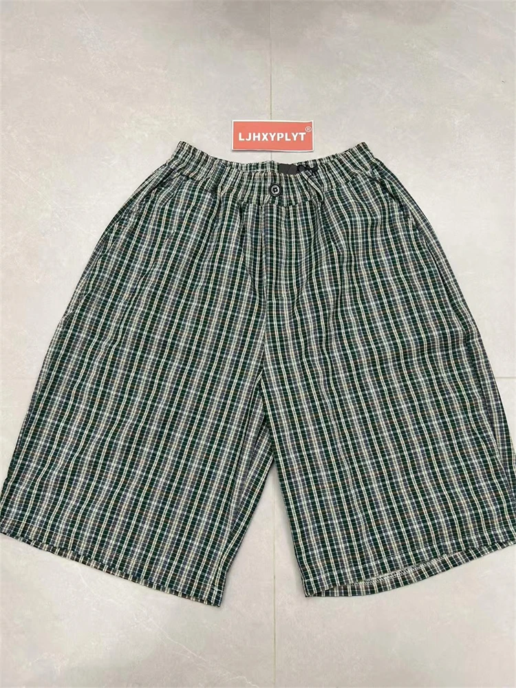 Men's Retro Plaid Thin Cropped Pants Summer Cool Boys Shorts Wide Leg Casual Bottom Male High Waist Half Trousers