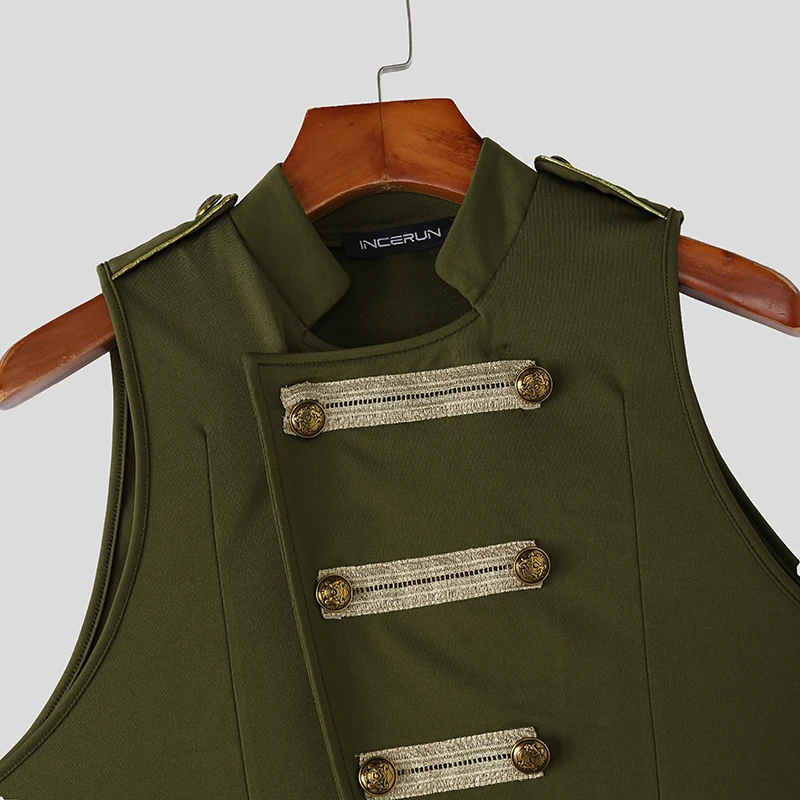 INCERUN Men's Tank Tops Patchwork Stand Collar Sleeveless Male Vests Summer Streetwear Double Breasted Fashion Tops For Man 2026