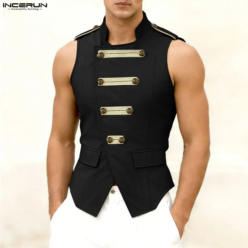 INCERUN Men's Tank Tops Patchwork Stand Collar Sleeveless Male Vests Summer Streetwear Double Breasted Fashion Tops For Man 2026