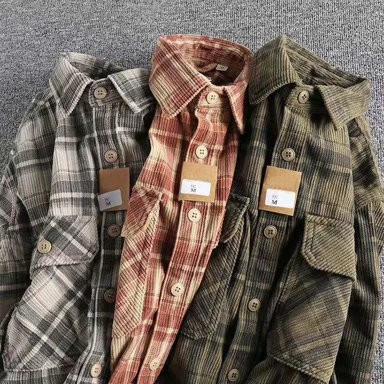 Spring Autumn Men's Plaid Long Sleeve Shirt Japanese Vintage Fashion Comfortable Corduroy Artistic Trendy Classic Shirts Tops