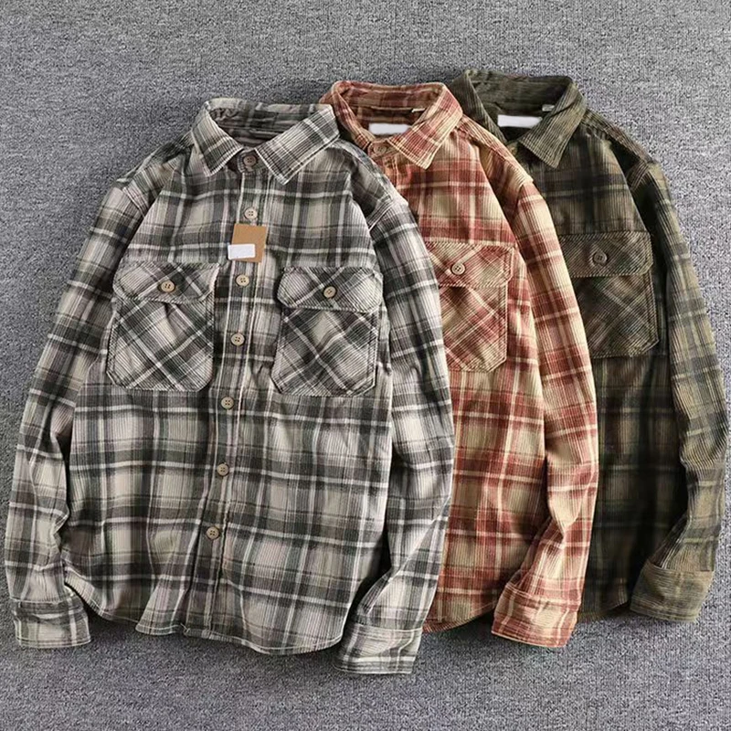 Spring Autumn Men's Plaid Long Sleeve Shirt Japanese Vintage Fashion Comfortable Corduroy Artistic Trendy Classic Shirts Tops