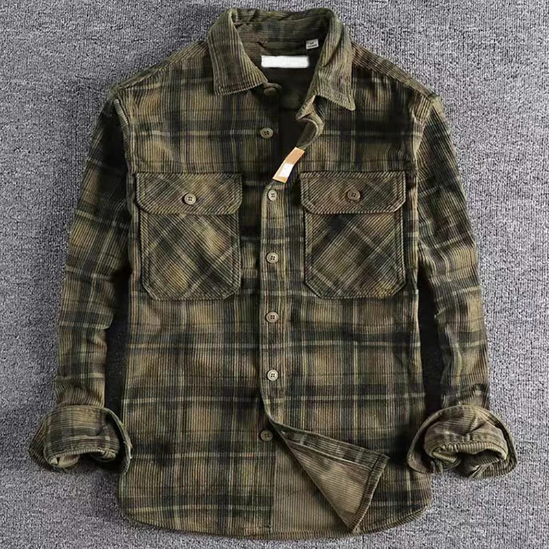 Spring Autumn Men's Plaid Long Sleeve Shirt Japanese Vintage Fashion Comfortable Corduroy Artistic Trendy Classic Shirts Tops