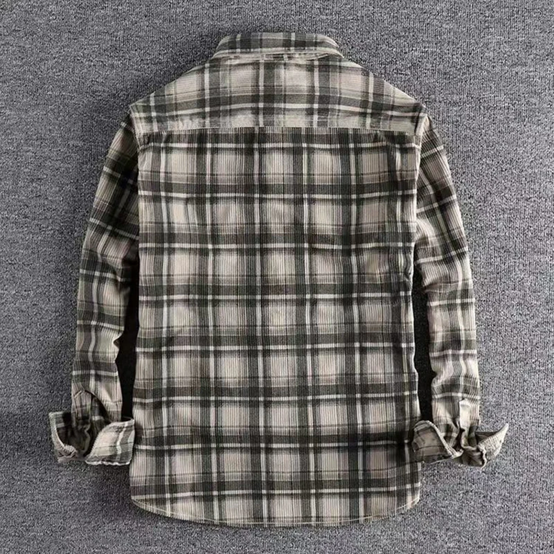 Spring Autumn Men's Plaid Long Sleeve Shirt Japanese Vintage Fashion Comfortable Corduroy Artistic Trendy Classic Shirts Tops