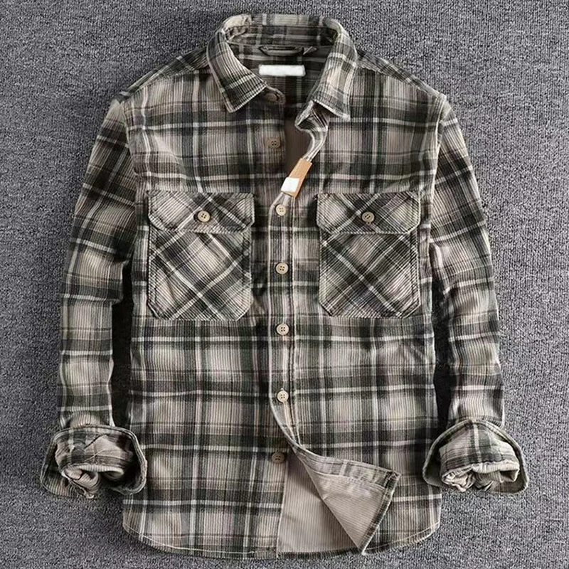 Spring Autumn Men's Plaid Long Sleeve Shirt Japanese Vintage Fashion Comfortable Corduroy Artistic Trendy Classic Shirts Tops