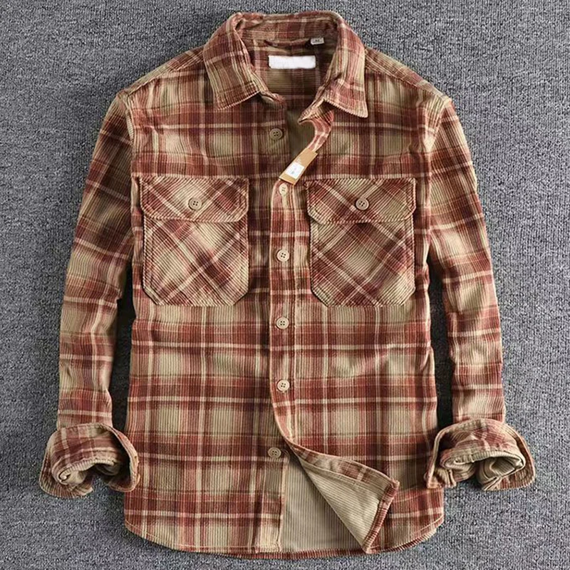Spring Autumn Men's Plaid Long Sleeve Shirt Japanese Vintage Fashion Comfortable Corduroy Artistic Trendy Classic Shirts Tops