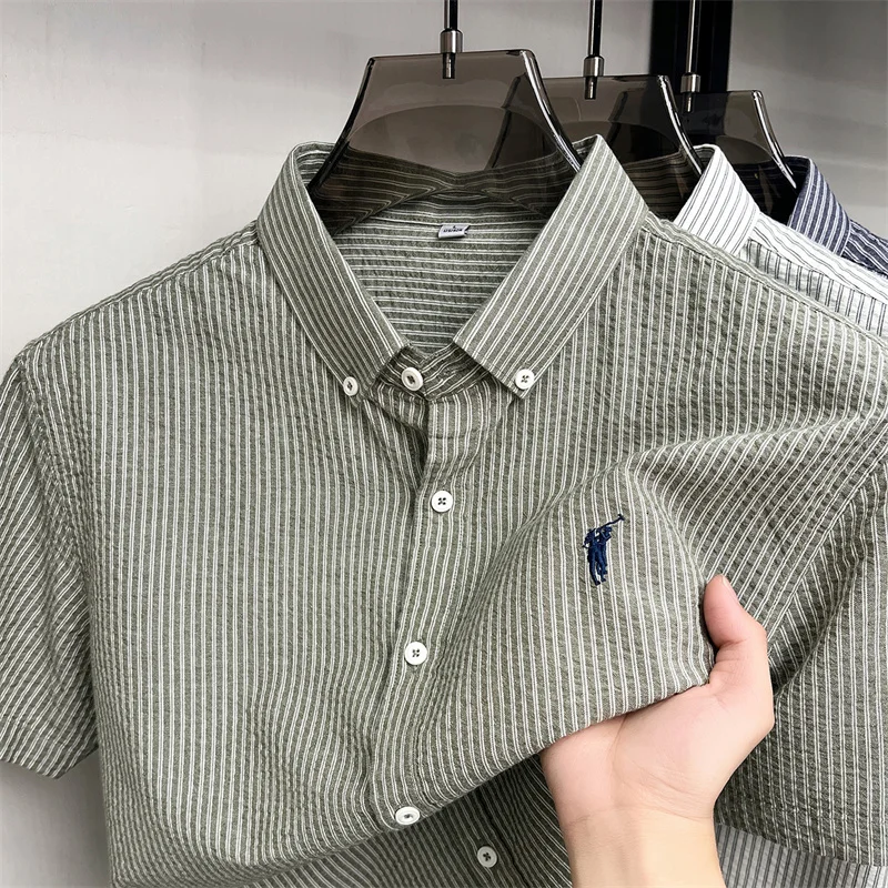 100% cotton short sleeve men's shirt luxury brand high-end pony embroidery fashion plaid summer new youth casual Paul lapel top