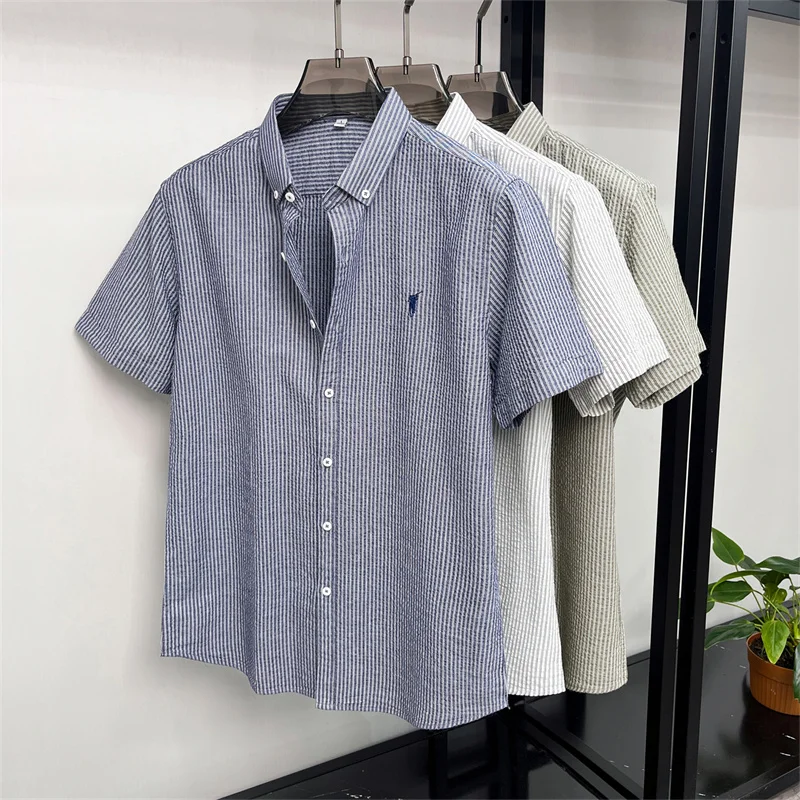 100% cotton short sleeve men's shirt luxury brand high-end pony embroidery fashion plaid summer new youth casual Paul lapel top