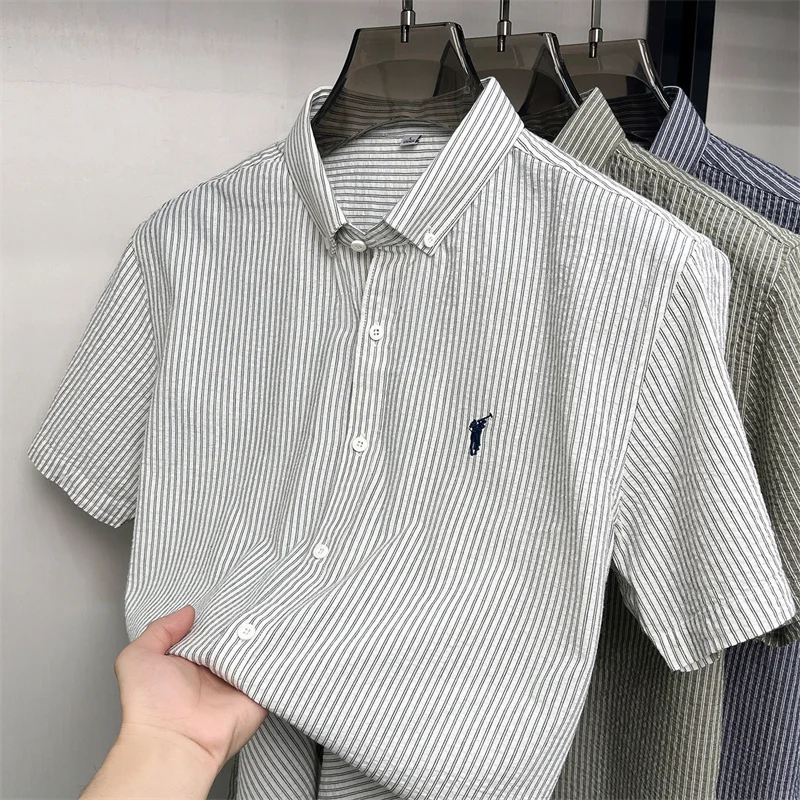 100% cotton short sleeve men's shirt luxury brand high-end pony embroidery fashion plaid summer new youth casual Paul lapel top