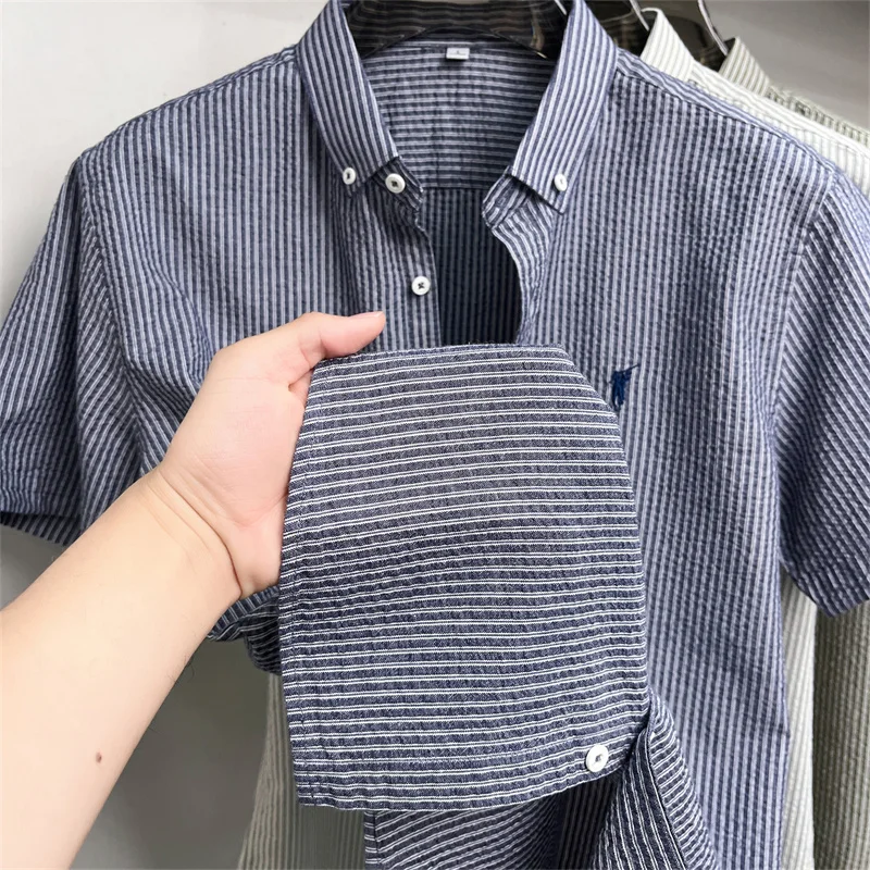 100% cotton short sleeve men's shirt luxury brand high-end pony embroidery fashion plaid summer new youth casual Paul lapel top