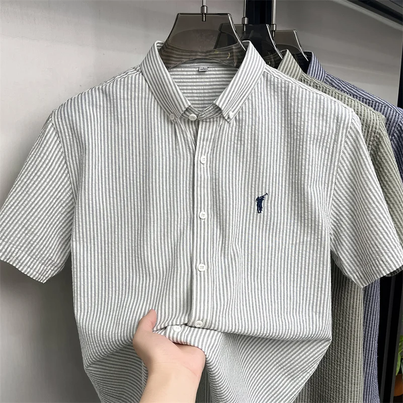 100% cotton short sleeve men's shirt luxury brand high-end pony embroidery fashion plaid summer new youth casual Paul lapel top