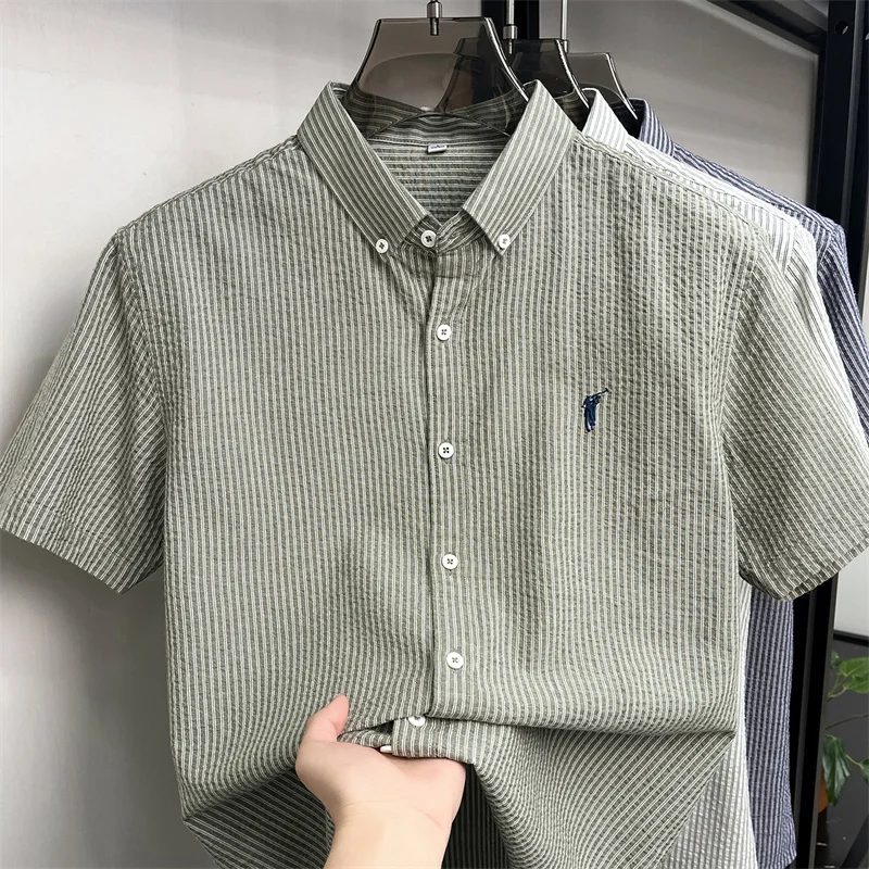 100% cotton short sleeve men's shirt luxury brand high-end pony embroidery fashion plaid summer new youth casual Paul lapel top