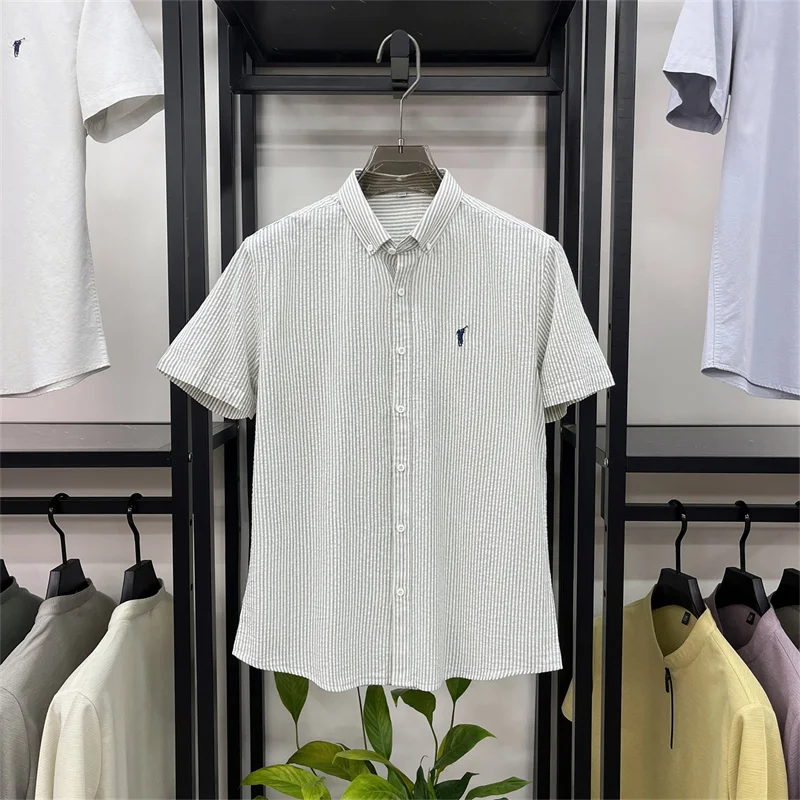 100% cotton short sleeve men's shirt luxury brand high-end pony embroidery fashion plaid summer new youth casual Paul lapel top