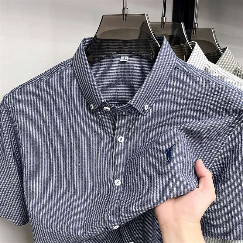 100% cotton short sleeve men's shirt luxury brand high-end pony embroidery fashion plaid summer new youth casual Paul lapel top