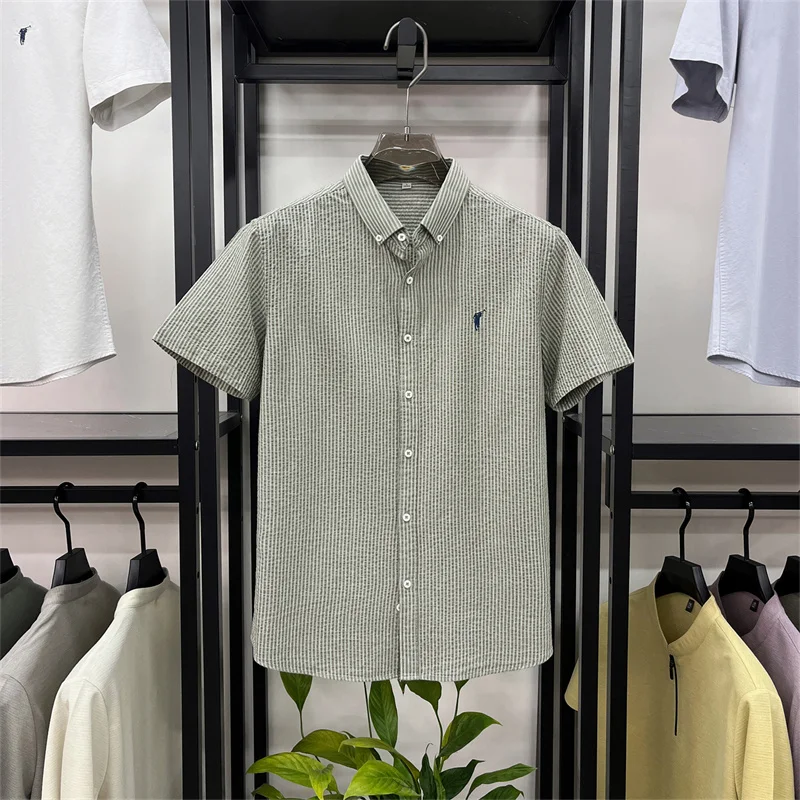 100% cotton short sleeve men's shirt luxury brand high-end pony embroidery fashion plaid summer new youth casual Paul lapel top