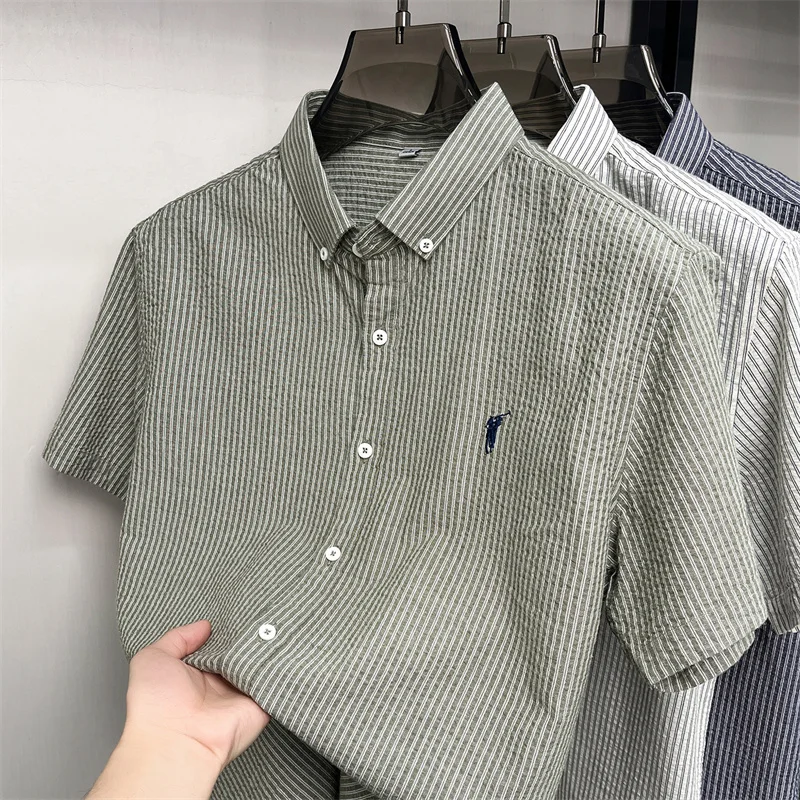 100% cotton short sleeve men's shirt luxury brand high-end pony embroidery fashion plaid summer new youth casual Paul lapel top