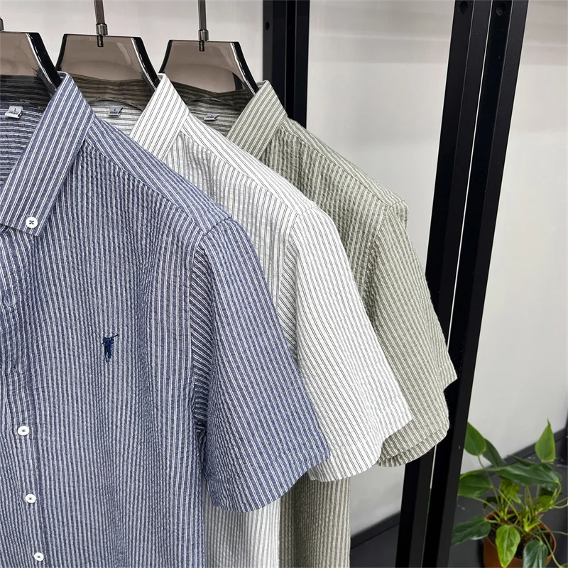 100% cotton short sleeve men's shirt luxury brand high-end pony embroidery fashion plaid summer new youth casual Paul lapel top