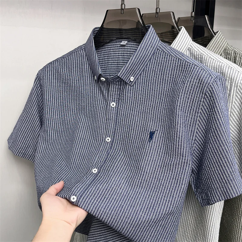 100% cotton short sleeve men's shirt luxury brand high-end pony embroidery fashion plaid summer new youth casual Paul lapel top