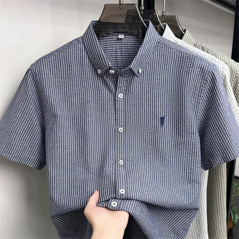 100% cotton short sleeve men's shirt luxury brand high-end pony embroidery fashion plaid summer new youth casual Paul lapel top