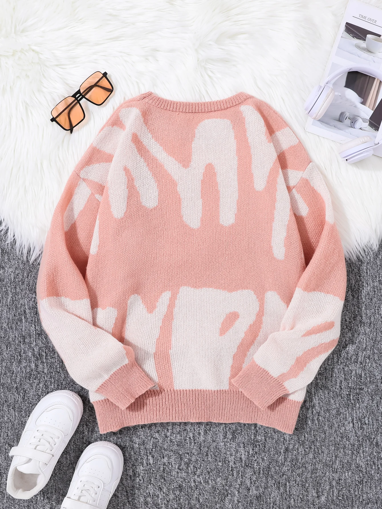 New Popular Autumn Winter Irregular Jacquard Pattern Pullover Sweater Casual Round Neck Contrast Color Knitted Men's Pullover