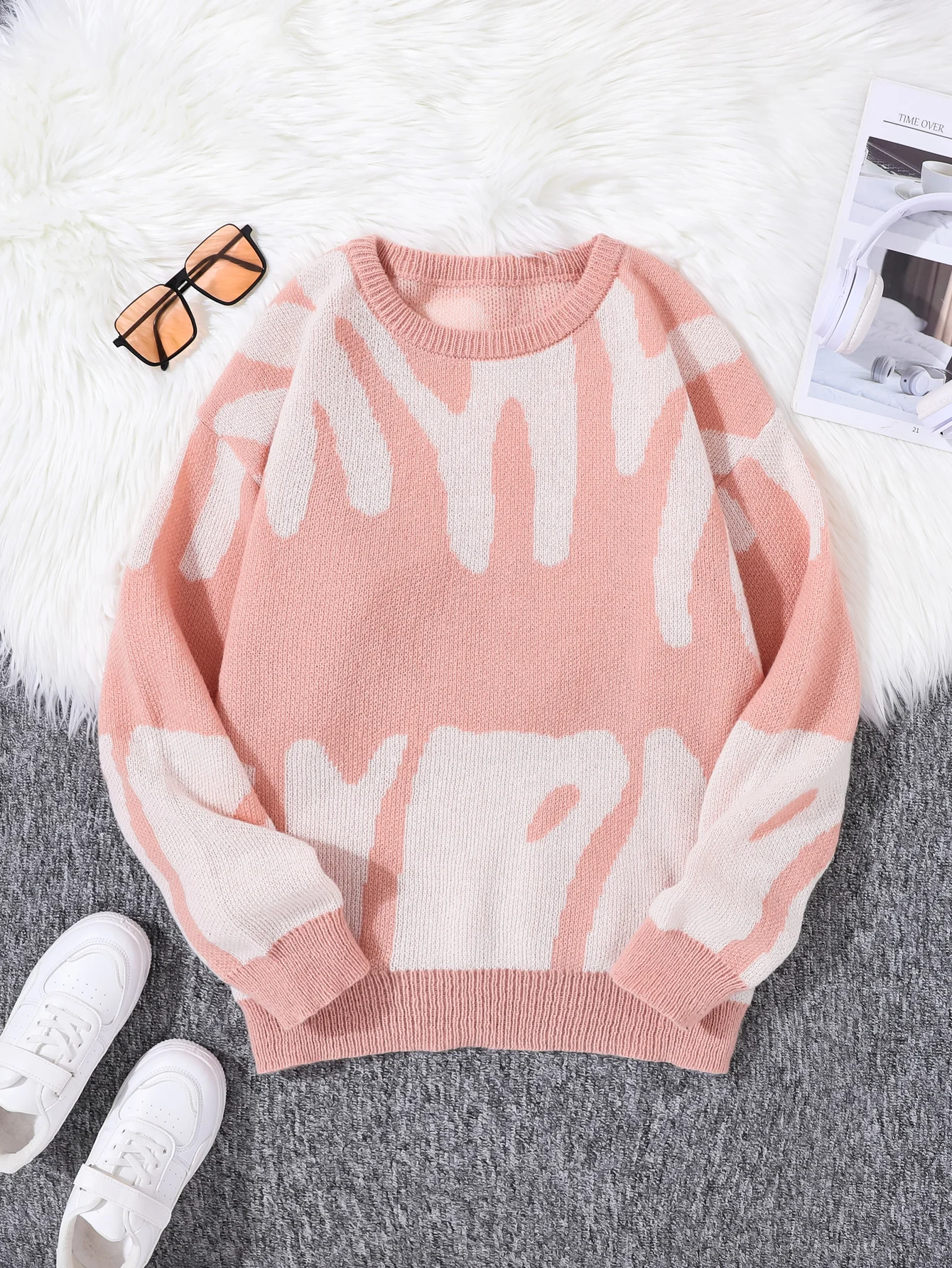 New Popular Autumn Winter Irregular Jacquard Pattern Pullover Sweater Casual Round Neck Contrast Color Knitted Men's Pullover