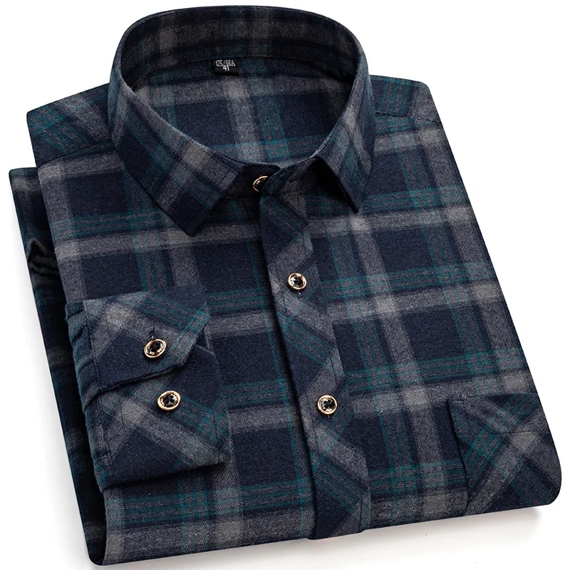 M-6XL Men's Pure Cotton Flannel Shirts Long Sleeve Single Pocket Casual Plaid Thick Soft Cozy Brushed Shirts Blouse Men Clothing