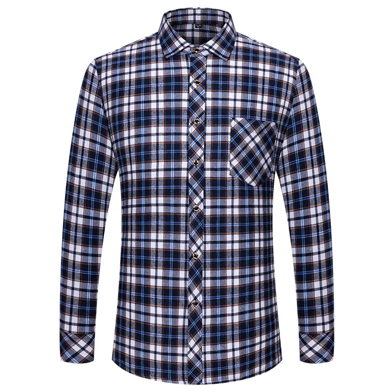 M-6XL Men's Pure Cotton Flannel Shirts Long Sleeve Single Pocket Casual Plaid Thick Soft Cozy Brushed Shirts Blouse Men Clothing